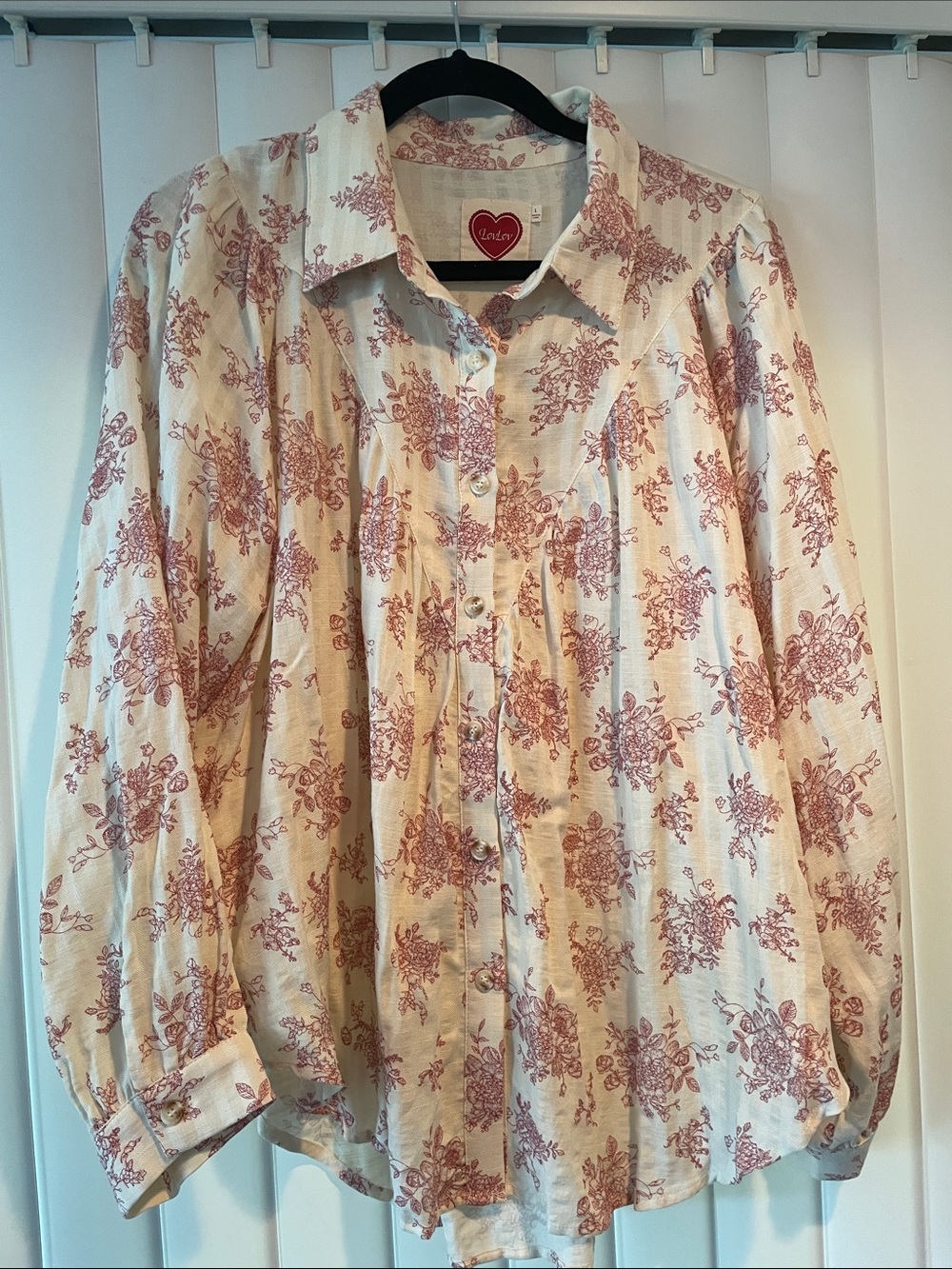 LovLov Cream Long Sleeve Button-Down Shirt with Rose Floral Print. Size L